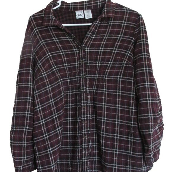Duo Maternity Button‎ Front Shirt Womens Medium Purple Plaid  Long Sleeve Top - Picture 1 of 4